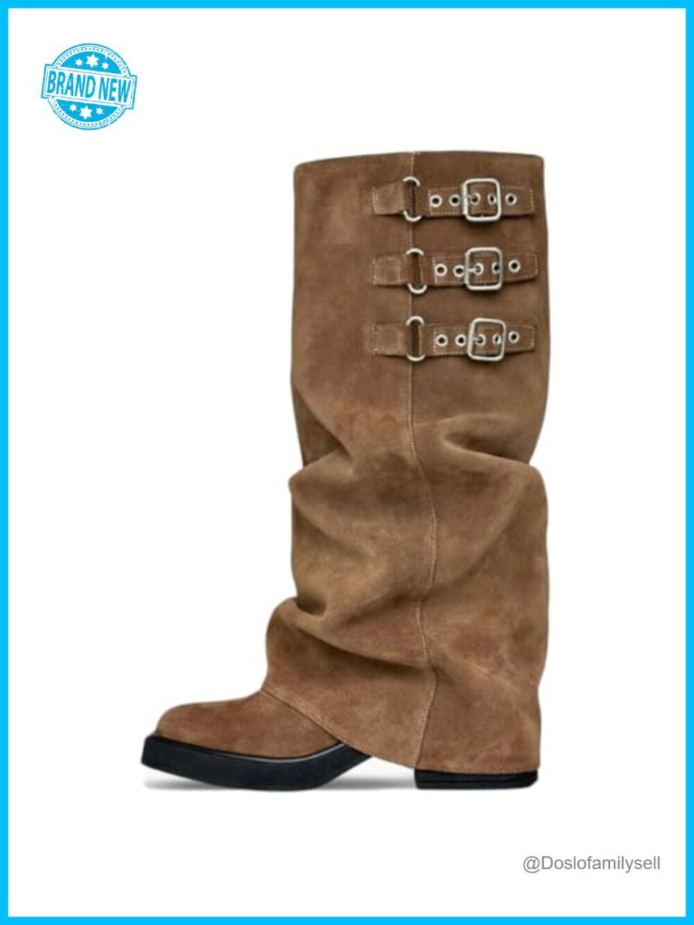Slouchy Fold Over Knee High Boots Hidden Zipper Buckle Platform Square Toe